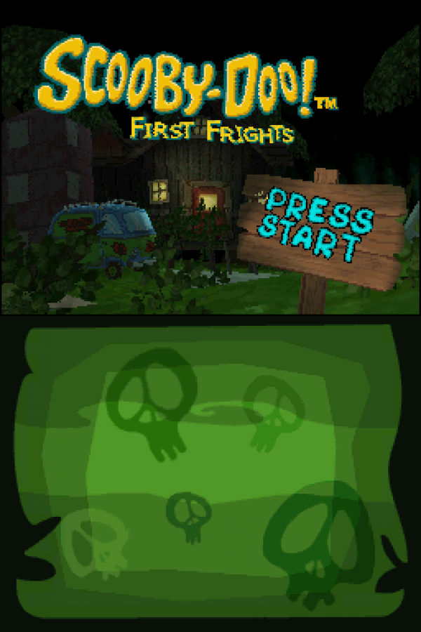 Scooby Doo First Frights retro Nintendo DS video game Scooby Doo mystery solving adventure cartoon action cooperative gameplay spooky monsters family friendly handheld console title Nintendo DS release start screen