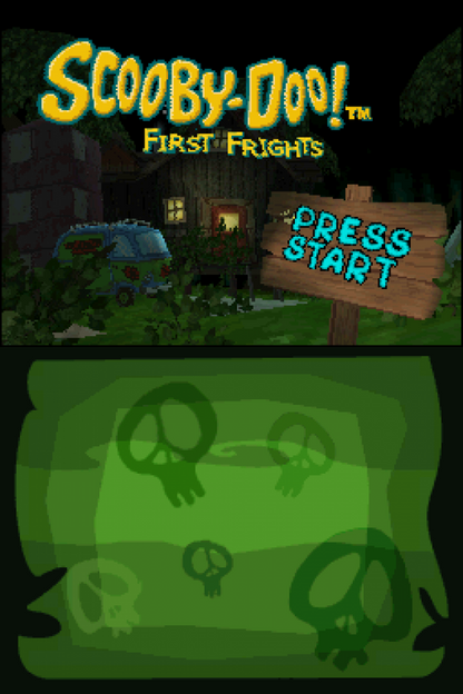 Scooby Doo First Frights retro Nintendo DS video game Scooby Doo mystery solving adventure cartoon action cooperative gameplay spooky monsters family friendly handheld console title Nintendo DS release start screen
