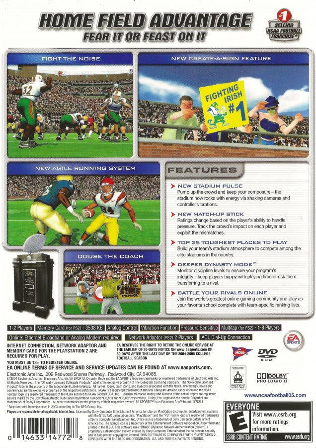 NCAA Football 2005 – PlayStation 2 (PS2) college football sports video game back of case
