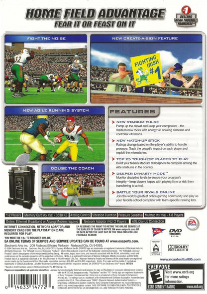 NCAA Football 2005 – PlayStation 2 (PS2) college football sports video game back of case