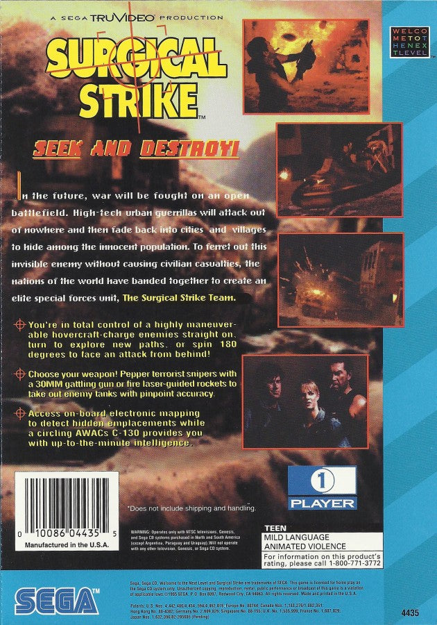 Surgical Strike Sega CD full motion video FMV rail shooter arcade style helicopter combat military strike missions live action footage targeting enemies cinematic gameplay interactive movie style retro gaming Sega CD software video game title back cover art