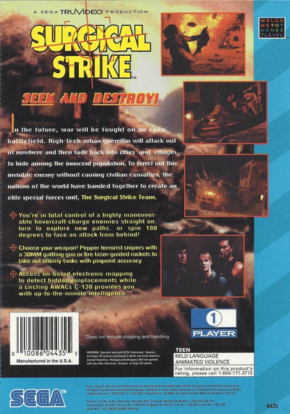 Surgical Strike Sega CD full motion video FMV rail shooter arcade style helicopter combat military strike missions live action footage targeting enemies cinematic gameplay interactive movie style retro gaming Sega CD software video game title back cover art
