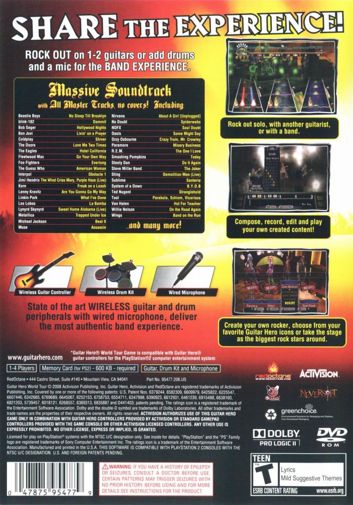 Guitar Hero: World Tour back cover art for PlayStation 2 (PS2) video game