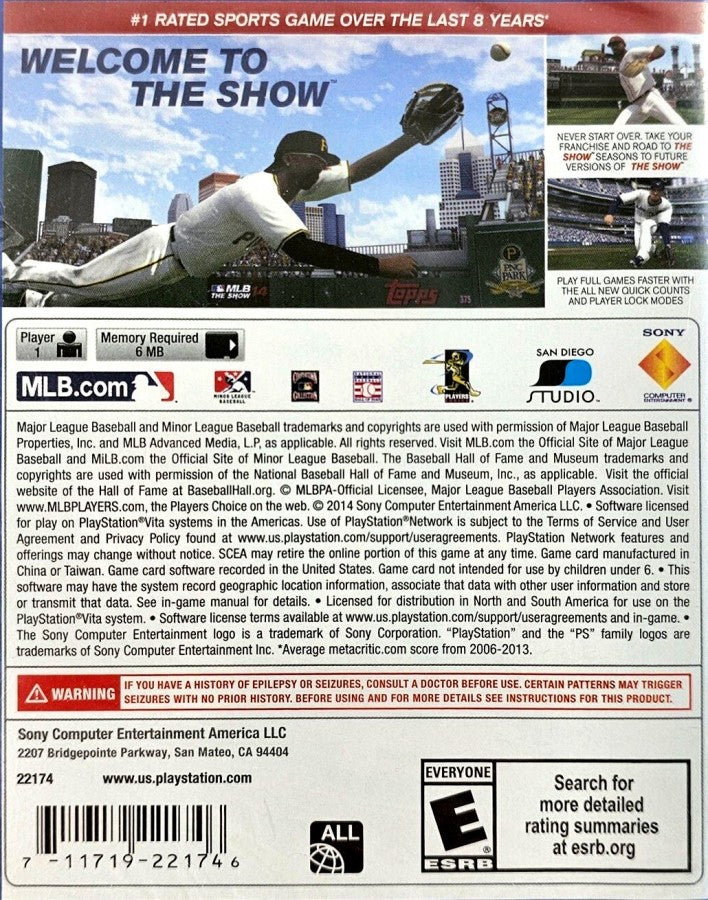 MLB 14 The Show retro PS Vita video game MLB The Show baseball sports simulation realistic gameplay Major League Baseball career mode multiplayer handheld console title PlayStation Vita release back of case