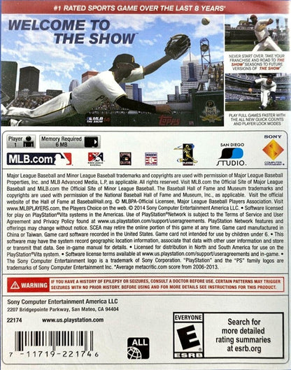 MLB 14 The Show retro PS Vita video game MLB The Show baseball sports simulation realistic gameplay Major League Baseball career mode multiplayer handheld console title PlayStation Vita release back of case