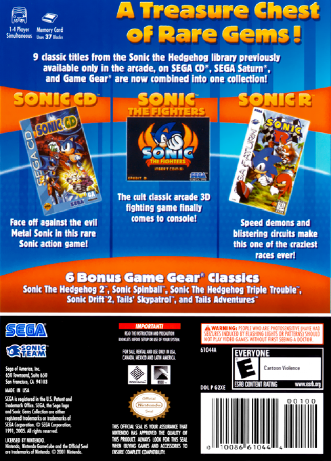 Sonic Gems Collection [Player's Choice] back of case for Nintendo GameCube (GC) classic Sonic compilation video game