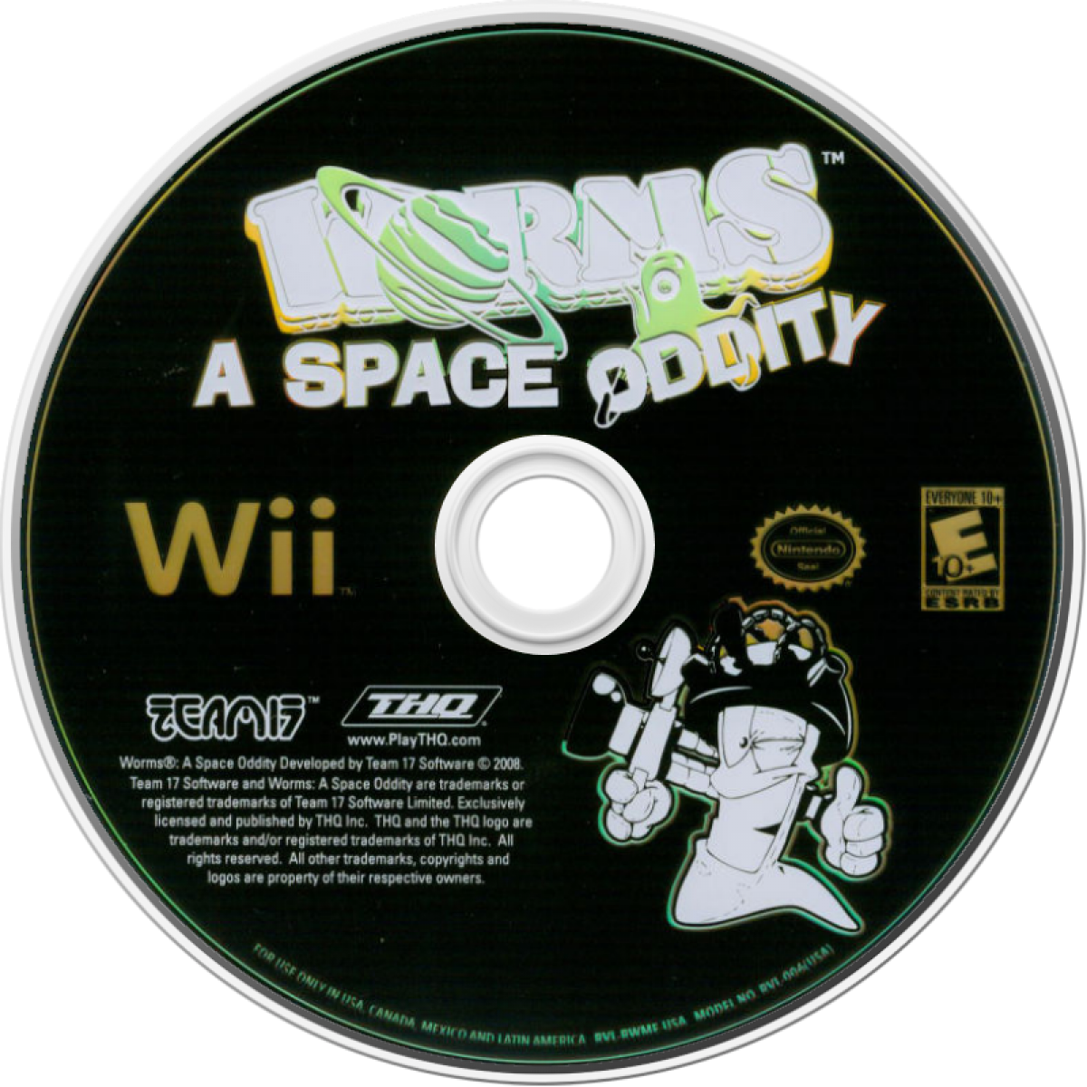 Worms: A Space Oddity disc art for Nintendo Wii (Wii) featuring turn‑based artillery combat with quirky worm characters, new space‑themed weapons, and destructible intergalactic battlefields
