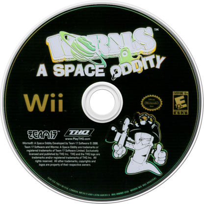 Worms: A Space Oddity disc art for Nintendo Wii (Wii) featuring turn‑based artillery combat with quirky worm characters, new space‑themed weapons, and destructible intergalactic battlefields