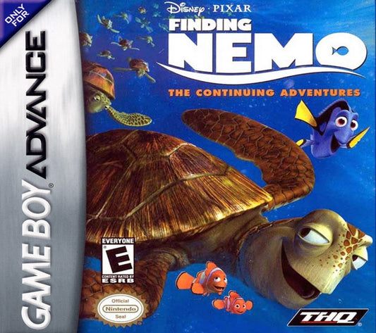 Disney Pixar Finding Nemo The Continuing Adventures for Game Boy Advance (GBA), cover image for a retro video game featuring action-adventure gameplay, underwater exploration, character-based missions, puzzle-solving, and movie-inspired challenges