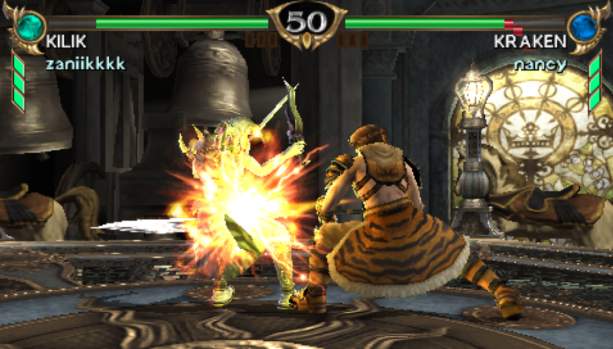 SoulCalibur: Broken Destiny for PlayStation Portable (PSP) at Gamers INC, featuring the premier handheld entry in the legendary weapon-based fighting series that brings the fluid 8-way run system and deep character customization of SoulCalibur IV to the PSP, including over 20 iconic warriors—plus the exclusive guest appearance of God of War’s Kratos—for intense, high-fidelity duels anywhere you go gameplay screenshot
