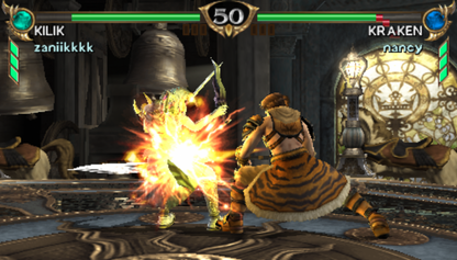 SoulCalibur: Broken Destiny for PlayStation Portable (PSP) at Gamers INC, featuring the premier handheld entry in the legendary weapon-based fighting series that brings the fluid 8-way run system and deep character customization of SoulCalibur IV to the PSP, including over 20 iconic warriors—plus the exclusive guest appearance of God of War’s Kratos—for intense, high-fidelity duels anywhere you go gameplay screenshot