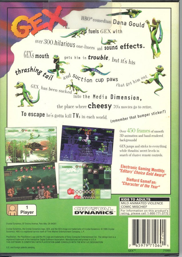 Gex [Long Box] for PlayStation 1 (PS1) at Gamers INC, featuring Crystal Dynamics' iconic 2D platformer in its rare, collectible early-release "Long Box" packaging; enter the Media Dimension as the wisecracking, TV-obsessed gecko Gex to defeat the evil Rez across parody-filled worlds inspired by classic cinema and television, utilizing tail-whips, wall-crawling abilities, and the unmistakable voice of Dana Gould in this definitive 32-bit mascot debut back box