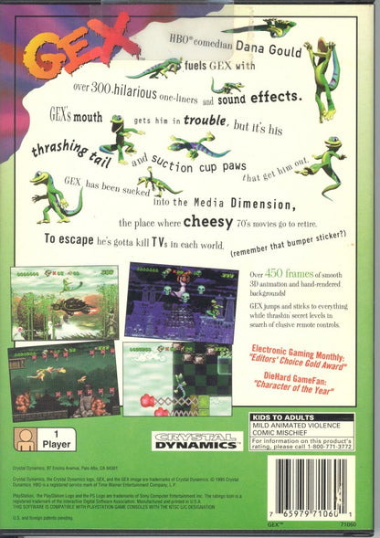 Gex [Long Box] for PlayStation 1 (PS1) at Gamers INC, featuring Crystal Dynamics' iconic 2D platformer in its rare, collectible early-release "Long Box" packaging; enter the Media Dimension as the wisecracking, TV-obsessed gecko Gex to defeat the evil Rez across parody-filled worlds inspired by classic cinema and television, utilizing tail-whips, wall-crawling abilities, and the unmistakable voice of Dana Gould in this definitive 32-bit mascot debut back box