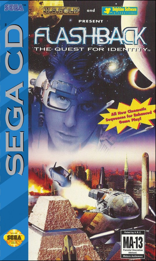 Flashback The Quest for Identity Sega CD cinematic platformer sci fi adventure game rotoscoped animation side scrolling exploration puzzle solving stealth combat amnesia storyline futuristic dystopia Delphine Software retro gaming Sega CD software video game title cover art