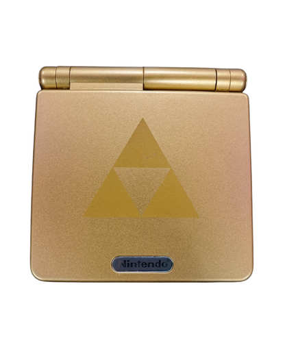 Game Boy Advance SP AGS-101 Custom Hyrule Shell Nintendo Game Boy Advance SP handheld console AGS-101 model with backlit screen custom Hyrule themed shell clamshell design rechargeable battery portable retro gaming system front closed