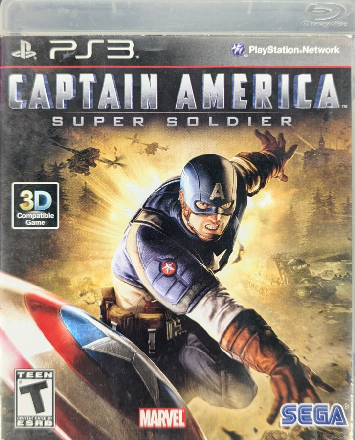Captain America Super Soldier CIB PlayStation 3 PS3 video game featuring superhero action adventure gameplay Captain America shield combat enemy battles Hydra forces stealth takedowns shield throwing attacks acrobatic moves World War II settings cinematic missions and Marvel superhero storyline complete in box CIB edition retro video game collection collectible gaming appeal front cover
