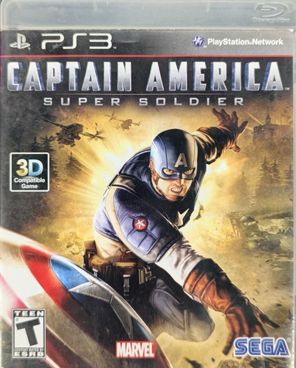 Captain America Super Soldier CIB PlayStation 3 PS3 video game featuring superhero action adventure gameplay Captain America shield combat enemy battles Hydra forces stealth takedowns shield throwing attacks acrobatic moves World War II settings cinematic missions and Marvel superhero storyline complete in box CIB edition retro video game collection collectible gaming appeal front cover