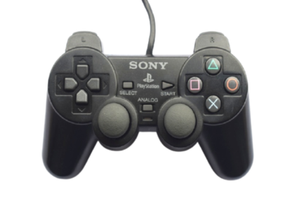 Official Sony DualShock 2 wired controller for PlayStation 2 featuring analog sticks, directional pad, four action buttons, and dual shoulder buttons