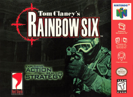 Tom Clancy's Rainbow Six Gray Cart Nintendo 64 N64 video game featuring tactical first person shooter gameplay counter terrorism missions strategic planning weapon combat team based operations hostage rescue objectives and classic 64 bit Nintendo gameplay retro video game collection collectible gaming appeal front cover art