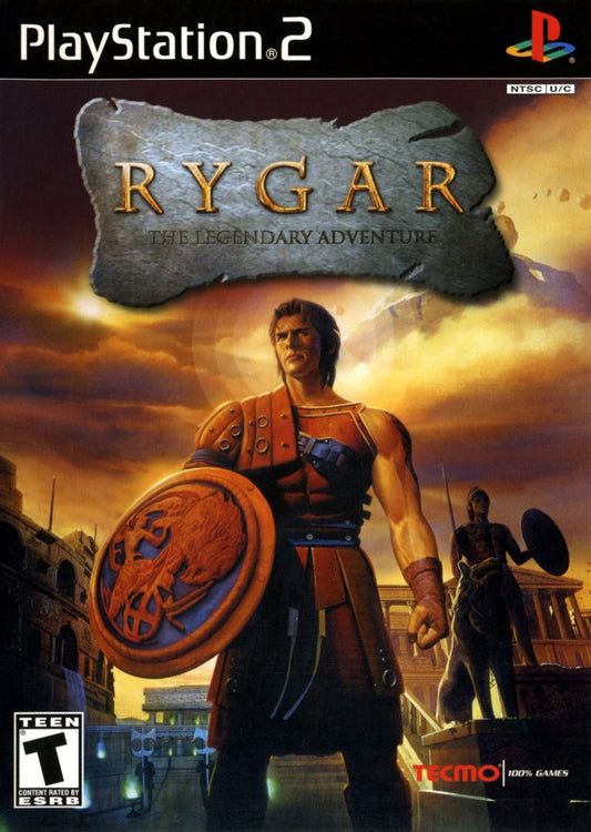 Rygar The Legendary Adventure PlayStation 2 PS2 for action adventure video game fans featuring hack and slash combat ancient mythology inspired world exploration platforming puzzle solving magical Diskarmor weapon epic boss battles fantasy gameplay collectible gaming appeal cover art