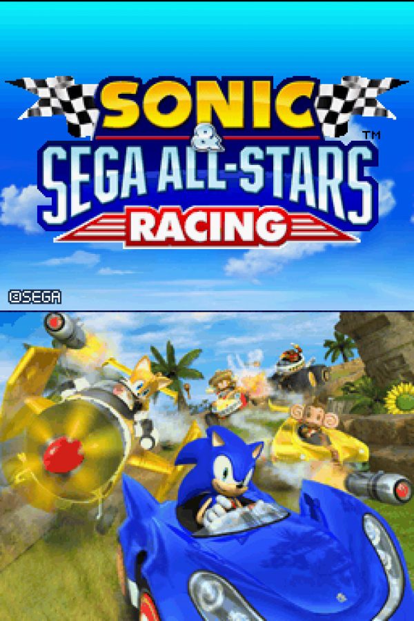 Sonic & SEGA All-Stars Racing for Nintendo DS, title screen for an arcade racing video game with kart-style racing, character-based vehicles, power-ups, and competitive multiplayer gameplay