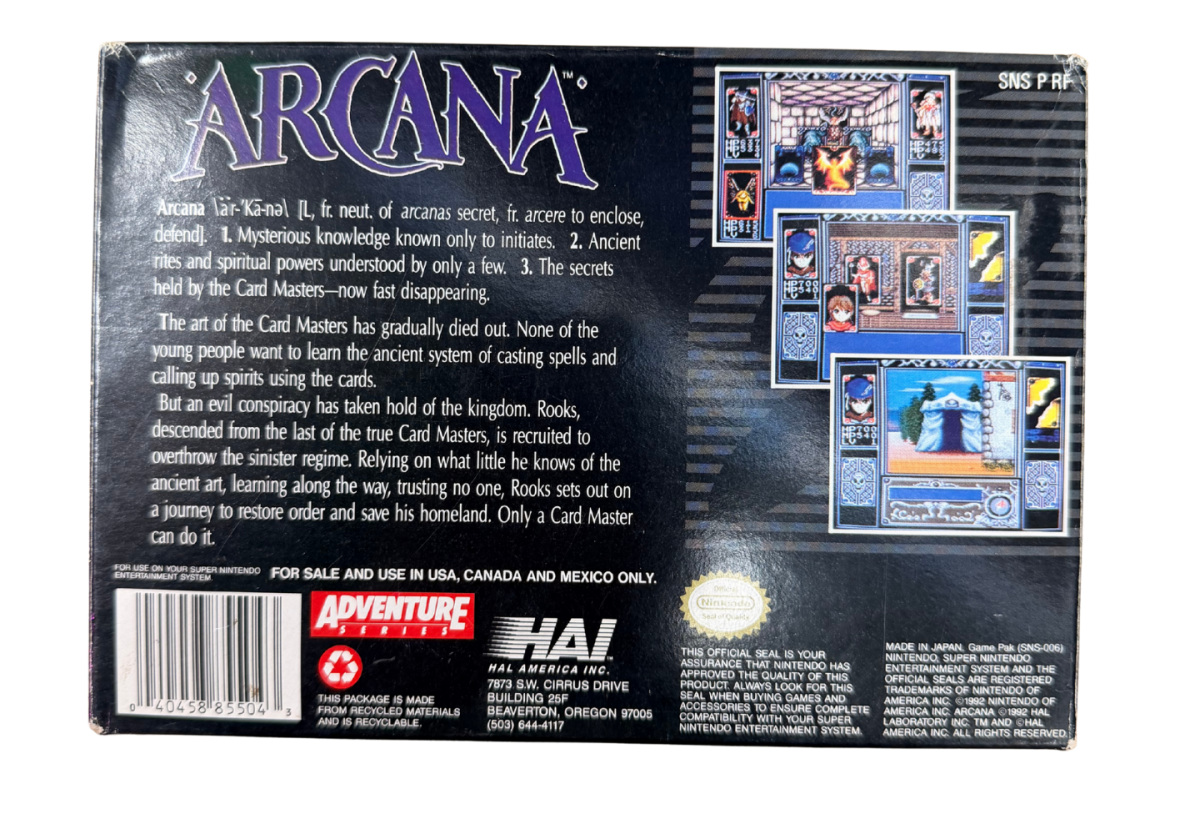 Arcana Super Nintendo SNES retro video game featuring classic fantasy RPG gameplay turn based combat dungeon exploration magic spells and strategic battles. Arcana SNES role playing adventure with collectible retro gaming appeal for Super Nintendo fans and RPG enthusiasts back cover art