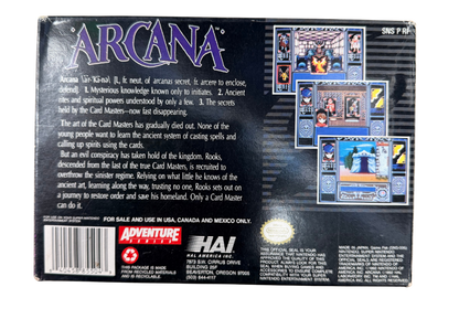 Arcana Super Nintendo SNES retro video game featuring classic fantasy RPG gameplay turn based combat dungeon exploration magic spells and strategic battles. Arcana SNES role playing adventure with collectible retro gaming appeal for Super Nintendo fans and RPG enthusiasts back cover art