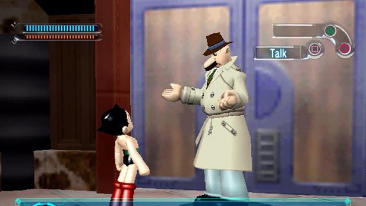 Astro Boy disc for the PlayStation 2 featuring action platforming gameplay based on the classic manga and anime with flight combat robot abilities and story driven missions starring Astro Boy (Atom) fighting enemies and saving the future gameplay