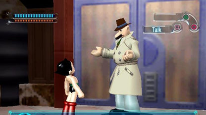 Astro Boy disc for the PlayStation 2 featuring action platforming gameplay based on the classic manga and anime with flight combat robot abilities and story driven missions starring Astro Boy (Atom) fighting enemies and saving the future gameplay