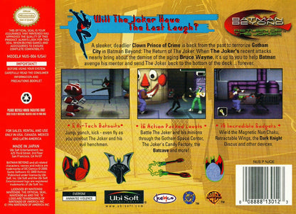 Batman Beyond Return of the Joker cartridge for the Nintendo 64 featuring action beat em up gameplay with side scrolling combat as Batman battles Joker and enemies across futuristic Gotham City back cover art