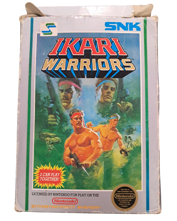 Ikari Warriors for Nintendo Entertainment System top down run and gun shooter featuring military combat co op gameplay enemy soldiers tanks and arcade style action front cover