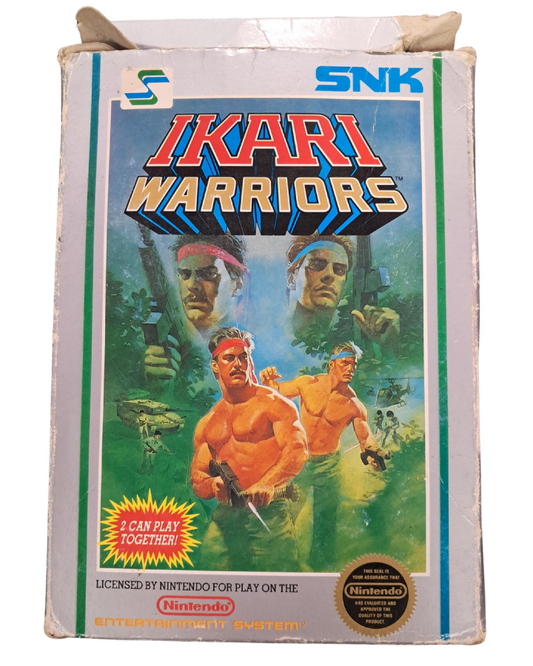 Ikari Warriors for Nintendo Entertainment System top down run and gun shooter featuring military combat co op gameplay enemy soldiers tanks and arcade style action front cover