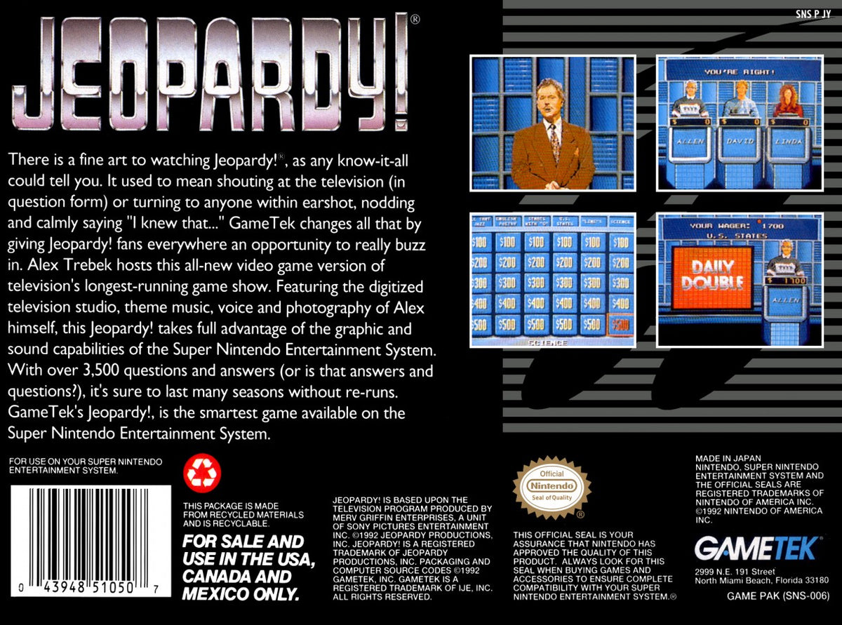 Jeopardy Super Nintendo Entertainment System SNES video game featuring trivia game show gameplay question and answer challenges category selection clue solving competitive multiplayer scoring and classic 16 bit Nintendo gameplay retro video game collection collectible gaming appeal back cover art