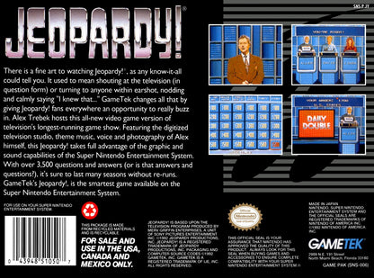 Jeopardy Super Nintendo Entertainment System SNES video game featuring trivia game show gameplay question and answer challenges category selection clue solving competitive multiplayer scoring and classic 16 bit Nintendo gameplay retro video game collection collectible gaming appeal back cover art