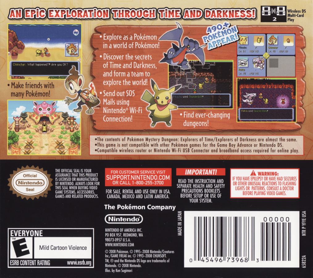 Pokémon Mystery Dungeon: Explorers of Darkness back of case for Nintendo DS (DS) dungeon-crawling RPG adventure video game