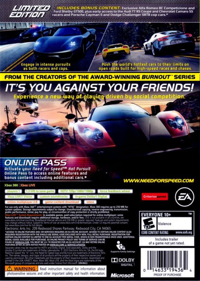Need For Speed: Hot Pursuit [Limited Edition] back of case for Xbox 360 (X360) video game