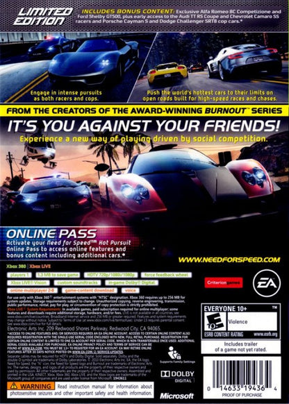 Need For Speed: Hot Pursuit [Limited Edition] back of case for Xbox 360 (X360) video game