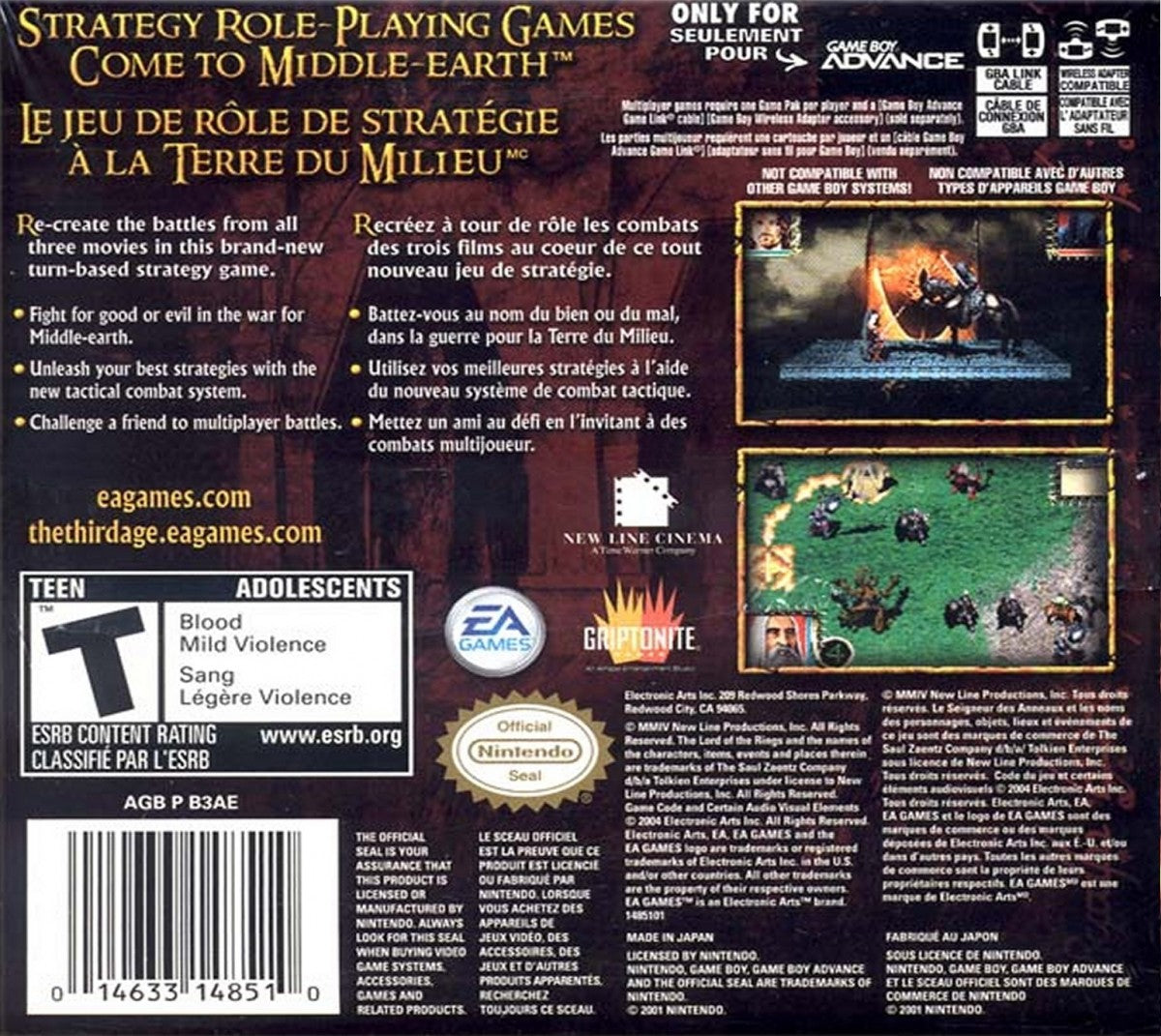 The Lord of the Rings The Third Age Game Boy Advance GBA for role playing strategy video game fans featuring tactical turn based combat Middle earth adventure Fellowship inspired storyline fantasy quests character progression portable RPG gameplay collectible gaming appeal back cover art