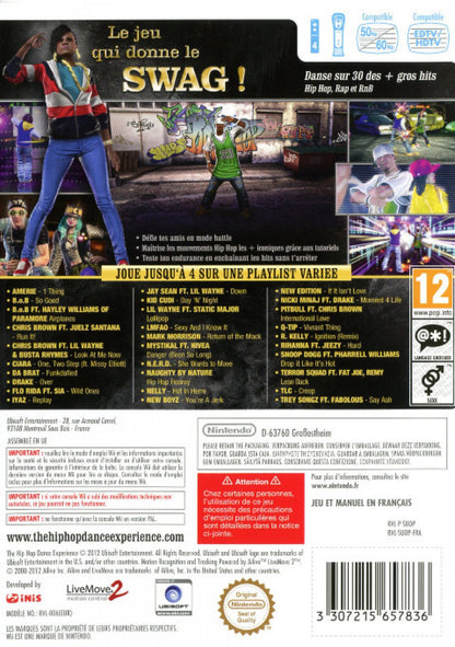 The Hip Hop Dance Experience Nintendo Wii video game, rhythm dance gameplay, motion-controlled performance, music and party game title back cover