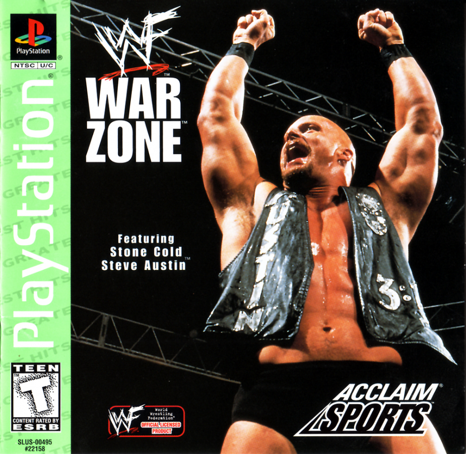 WWF War Zone Greatest Hits PlayStation PS1 for wrestling video game fans featuring classic WWF superstars fast paced wrestling matches signature finishing moves championship modes multiplayer competition authentic arena action sports entertainment collectible gaming appeal front cover art