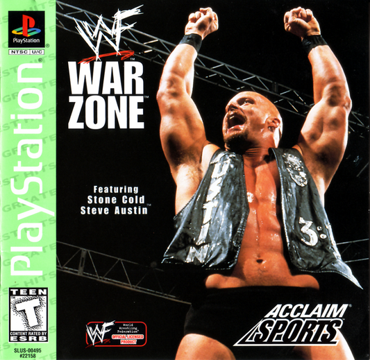 WWF War Zone Greatest Hits PlayStation PS1 for wrestling video game fans featuring classic WWF superstars fast paced wrestling matches signature finishing moves championship modes multiplayer competition authentic arena action sports entertainment collectible gaming appeal front cover art