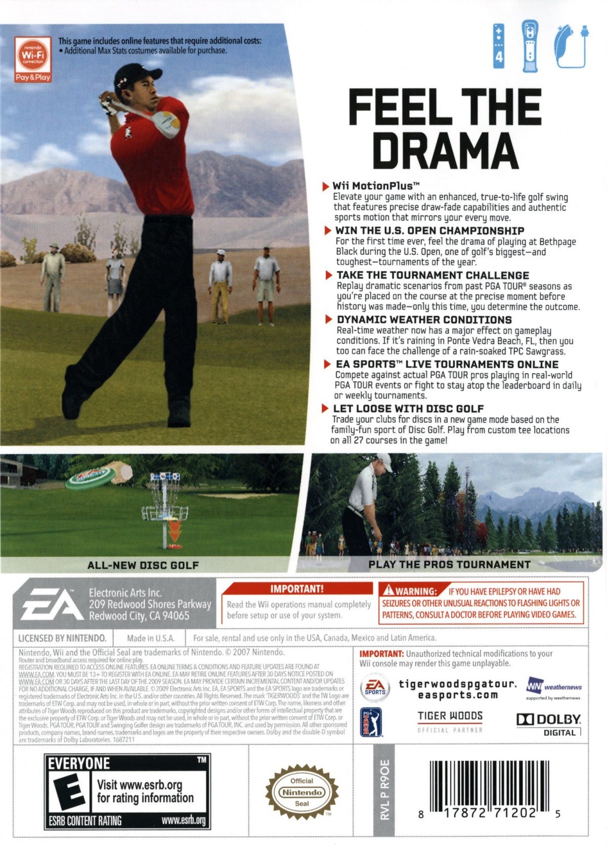 Tiger Woods PGA Tour 10 golf sports video game featuring realistic PGA courses professional golfers advanced swing mechanics competitive tournament modes and immersive EA Sports golfing experience back cover