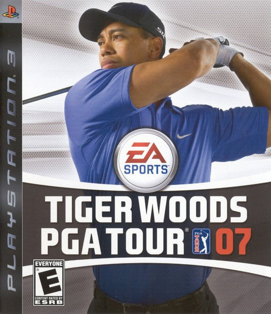 Tiger Woods PGA Tour 07 PlayStation 3 golf simulation video game UCAP lifelike player models Sixaxis motion control for ball spin expanded career mode 12 championship courses 15 PGA and LPGA pros including Annika Sorenstam next-gen graphics online tournaments Battle Golf and One-Ball multiplayer modes front cover