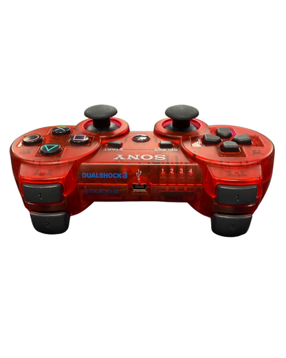 DualShock 3 Crystal Clear Red PlayStation 3 controller featuring translucent red shell wireless Bluetooth connectivity built in rechargeable battery motion sensing Sixaxis support and classic Sony PS3 gamepad design bumper view