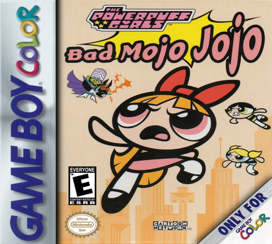The Powerpuff Girls Bad Mojo Jojo for Game Boy Color, cover image for a platformer action video game with side-scrolling gameplay, character-based abilities, cartoon-style combat, and villain-focused storyline