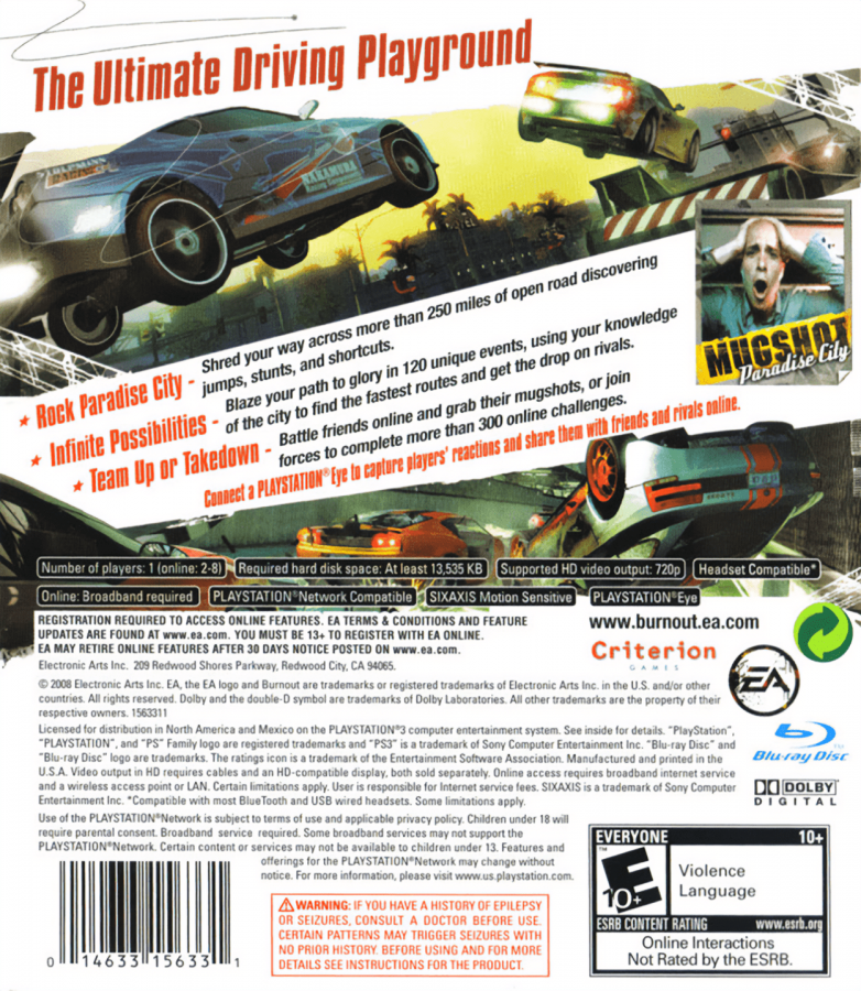 Burnout Paradise back cover art for PlayStation 3 (PS3) video game