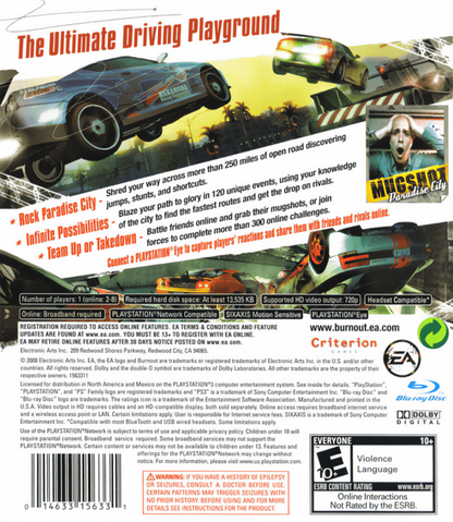 Burnout Paradise back cover art for PlayStation 3 (PS3) video game