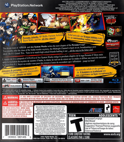 Persona 4 Arena back cover art for PlayStation 3 (PS3) video game