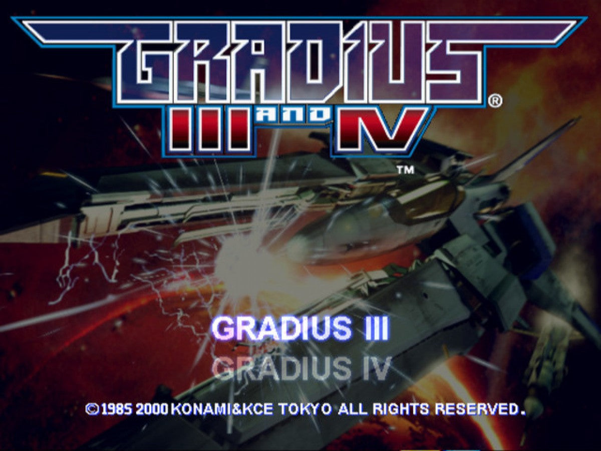 Gradius III and IV PlayStation 2 PS2 retro video game shoot em up title screen (2000)