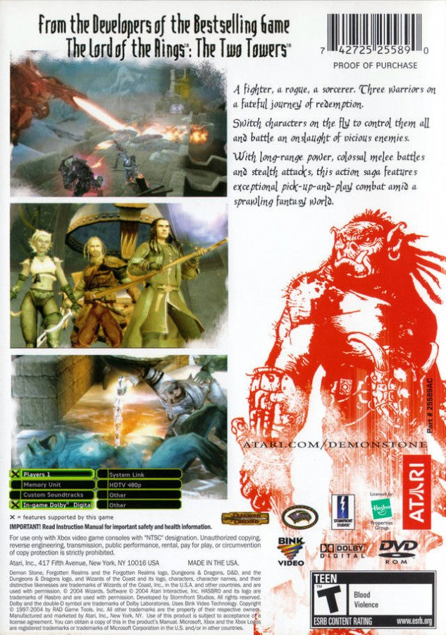 Forgotten Realms Demon Stone retro Xbox video game Forgotten Realms fantasy action adventure hack and slash dungeon combat Dungeons and Dragons inspired RPG console title Xbox release back of case